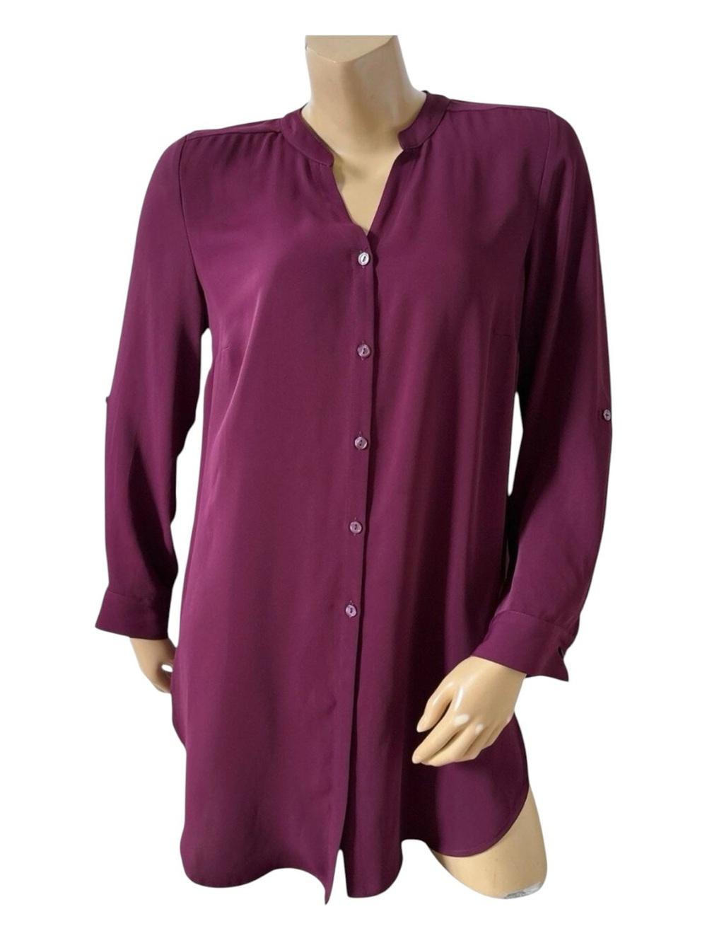 Chicos Button Front Tunic Shirt Womens Size 0 Small Wine Purple Roll Tab Sleeve